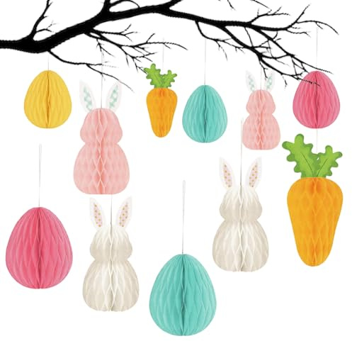 12 Stück Osterdeko Zum Aufhängen, Osterdeko Papier Osterhasen, Osternosterdeko Zum Aufhängen, Wabenfigur Ostereier Hängende Dekorationen, Osterndeko für Innen und Draußen Deko Frühling
