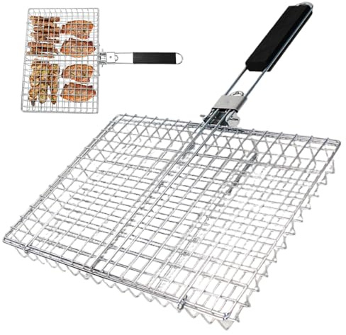 Cestino per griglia per pesce in acciaio al carbonio antiaderente con manico pieghevole e rimovibile per pesce, verdure, carne, barbecue all'aperto e campeggio