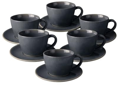 BRICARD Albi Juego de Tazas de Café con Platillos, 12 Piezas Servicio de Café para 6 Personas, 200ml, Cerámica en Gris Oscuro, para Café, Cappuccino,Té e Infusiones,Apto para Lavavajillas y Microondas