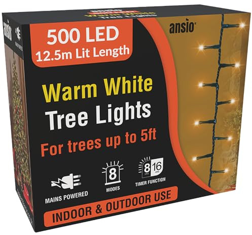 ANSIO® Christmas Tree Lights 500 LED 12.5m/41ft - Warm White Cluster Compact Lights for Indoor & Outdoor Decorations Fairy Lights with Timer for Xmas Garden & Party | Mains Powered Green Cable