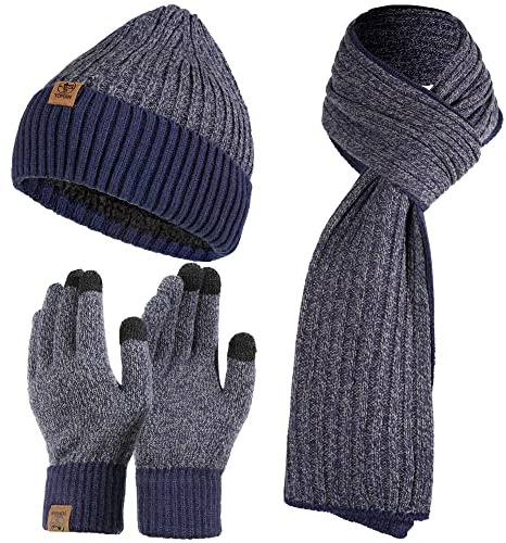Tofern Schal Mütze Handschuhe Set Onvavient Herren Winter Strick Herrenhaube mit Fleecefutter Gloves Touchscreen, Flauschig Winter Zubehör
