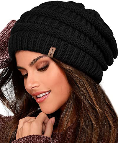 FURTALK Damen Beanie Mütze Warme Wintermütze mit Weichem Innenfutter Gefütterte Strickmütze,Schwarz,Einheitsgröße
