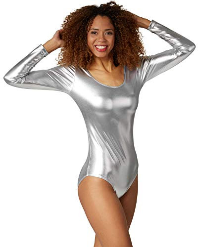 dressforfun Bodys für Damen, Metallic Oberteil Damen, Langarm, Longsleeve, Top, Kostüme für Sport, Tanz, Disco, Faschingskostüm, Festival Outfit - Silber, M