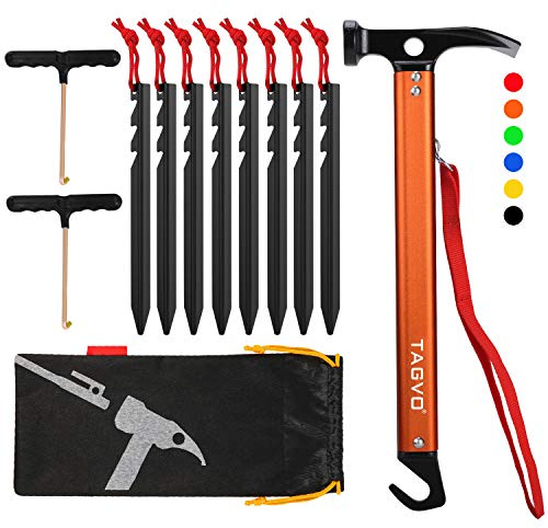TAGVO Martillo de Camping con 8 estacas de estacas de Aluminio y 2 Piezas de Tienda multifuctional Stakes Puller Set, mazos de Camping Multifuncional de Aluminio portátil para Acampar