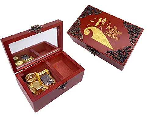 Youtang Nightmare Before Christmas - Joyero con espejo, caja musical de madera grabada con láser, regalo musical para ella, él, novia, novio (Melodía: This is Halloween, Gold Movement)