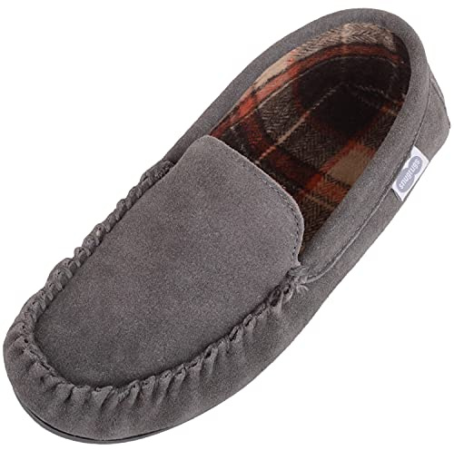 SNUGRUGS Leo Mens Suede Loafer Moccasin Slippers, Cotton Inner, Rubber Sole, Grey, UK 9
