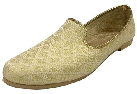 Shoe Bazar Mens Ethnic Designer Punjabi Jutti for Men Cream Gold Shoes Wedding Khussa Traditional Handmade Loafers, 10