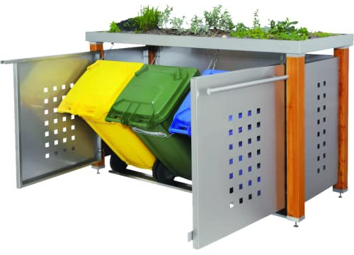 Edelstahl Mülltonnenbox für 3 Tonnen 240L mit Pflanzenwanne und Holzpfosten (HW222T), Mülltonnenhaus Mülltonnenverkleidung