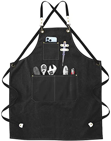 Onezebra Arbeitsschürze - Schweißerschürze mit Werkzeugtaschen Verstellbare Kreuzgurte am Rücken Schutzkleidung Herren & Damen Perfekt für Garten, Küche, Keramik, Werkstatt, Garage Schwarz 78 * 57cm