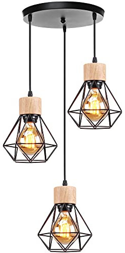 TOKIUS 3 Luces Lámpara Colgante Vintage 16CM Retro Lámparas de Techo Diseño de Jaula Negro Luz Colgante en Madera Hierro E27 Iluminación de Techo para Dormitorio Comedor Cocina (Araña 3 Luces A)