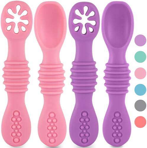 HOMYBABY® Silikon-Baby-Löffel – Babylöffel ab 6 Monate und für 2 Phasen – BLW Antibakterielles Esslernbesteck – Baby-Besteck mit 2 ergonomischen Baby-Löffeln – Babybesteck (J, x4)