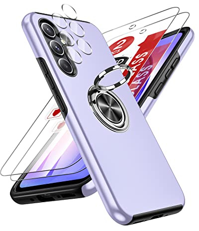 LeYi for Samsung Galaxy A54 5g Case with 2 Tempered Glass Screen Protector & 2 Camera Lens Protector,Heavy Duty Protection Shockproof Cover with Built-in Ring Holder Lightweight Phone Case,Purple