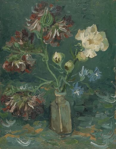 Leinwandbilder Bild Kunst Leinwand Malerei Ölgemälde Kleine Flasche mit Pfingstrosen und Rittersporn von Vincent van Gogh für Wanddekoration 60x90cm