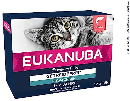 EUKANUBA Katzenfutter nass getreidefrei - Premium Nassfutter mit viel Lachs für ausgewachsene Katzen, 12 x 85 g