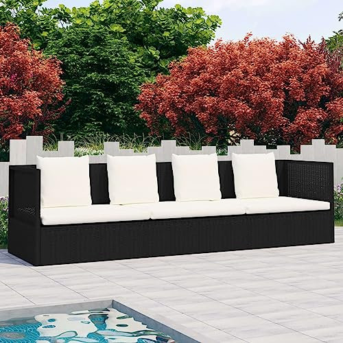 ZEYUAN Outdoor-Lounge-Bett mit Polster & Kissen, Sonnenliege, Gartenliege, Outdoor Sofa, Balkon Möbel, Balkon Liegesofa, Balkonsofa, Liegewiese Outdoor, Poly Rattan Schwarz