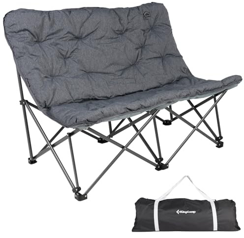 KingCamp Dubbel campingstol, vikbar, lätt 2-sitsig campingstol med hög rygg, bekväm trädgårdsstol, vadderad campingstol XXL för camping, trädgård, picknick, inomhus och utomhus, grå