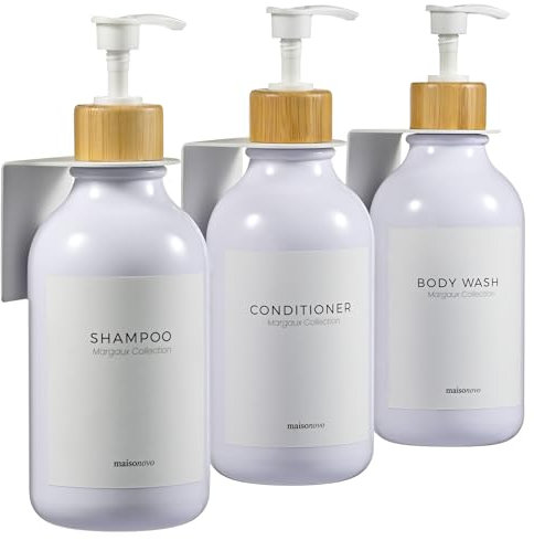MaisoNovo Shampoo Flaschen zum befüllen – Duschseifen Seifenspender Wandbefestigung – 500 ml Set mit 3 weißen Kunststoffflaschen, weiße Bambuspumpe