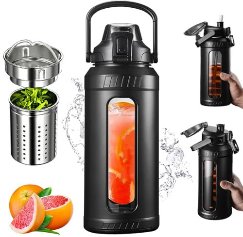 Botella de agua de vidrio de agua grande de 1500 ml/50oz con tapa de paja, botella de agua de vidrio grande con filtro de té, botellas de agua de vidrio, botella de agua motivacional con mango