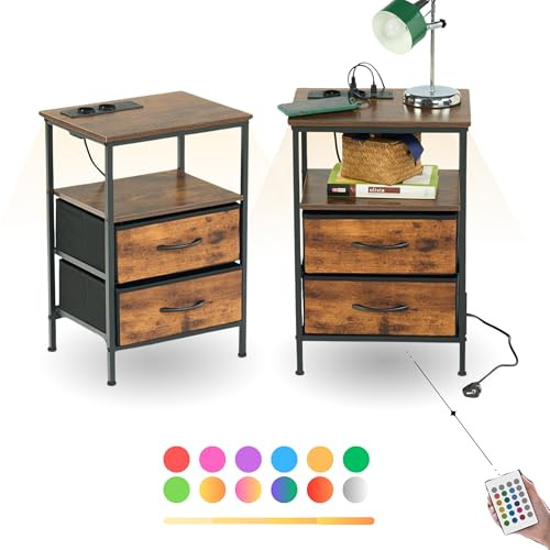 FurnitureR Juego de 2 mesitas de noche con función de carga LED, mesa auxiliar con 2 cajones. 2 puertos CA. 2 puertos USB, mesitas de noche, mesas de extremo para salón, dormitorio, marrón vintage, 40