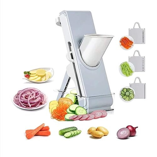 Cortador de verduras de cocina, para cortar verduras congeladas o salchichas, cortador de frutas y verduras, mandolina vertical con contenedor, ajustador de grosor, múltiples cuchillas