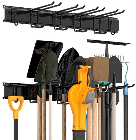 32 Inches Garage Storage, Garage Organization, Wall Mount Garden Tool Organizer, Max 300lbs Adjustable Metal Hooks, Yard Shed Hanging Rack, Heavy Duty Shelving for Rake Broom Mop Snowboard