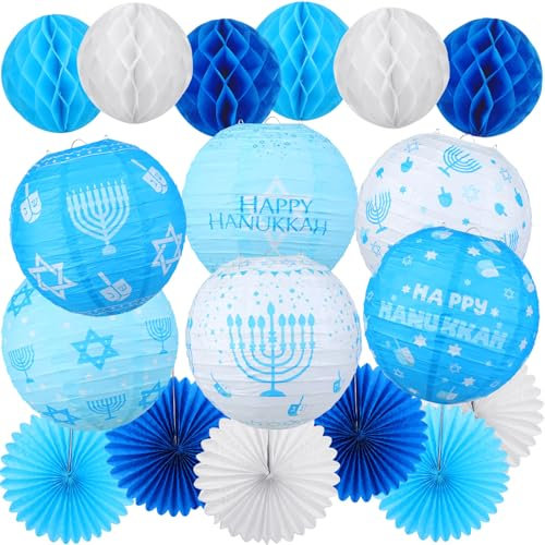 Retisee Hanukkah-Party-Dekoration, Happy Chanukkah-Papierlaternen mit Kerzenständer, Dreidel, blau-weiß, hängende Papierfächer, Wabenbälle, Chanukah-Ornament für jüdische Party, Heimdekoration, 18