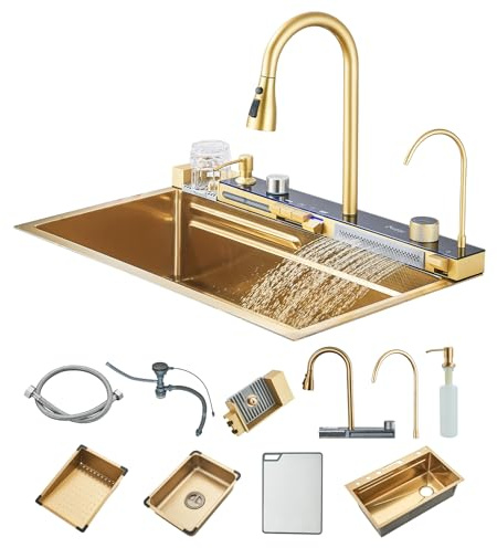 Harnart Gold Kitchen 304 Kit Stainless Steel 75x46CM Kitchen Flume with Pull Out Tap Large Single Sink Integrated Digital Display Tap Kit Sinks Accessories