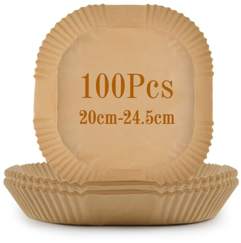 FOROREH Papel Freidora Aire XXL 5-8 L, papel airfryer 100 Piezas 20-24.5 cm Papel de Horno a Prueba de Aceite Impermeable Desechable Antiadherente-Cuadrado