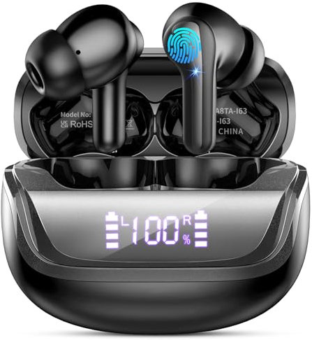 Cuffie Bluetooth 5.4, Auricolari Bluetooth Stereo HiFi con 4 HD Mic, Cuffie Wireless 45 Ore LED Display, in Ear Cuffiette Bluetooth con Cancellazione Rumore, Cuffie Senza Fili IP7 Impermeabile