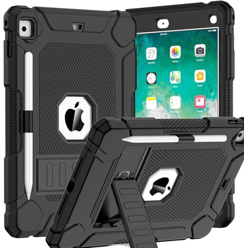 TOPWANT Case for iPad 6th 5th Generation (9.7 inch, 2018/2017), Shockproof Protective iPad 9.7 Case with Built-in Stand/Pencil Holder for iPad 6th/5th Gen, Air 2, Black | Heavy Duty Shockproof iPad Case Cover, Rugged Protective Case, Built-in Sturdy Kickstand, Pencil Holder