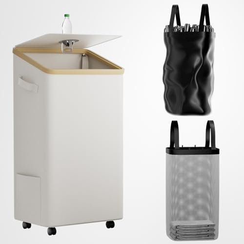 Pfandflaschen Sammelbehälter mit Deckel & Rollen, 100L Pfandsammler Organizer and Altglas Aufbewahrung mit Einwurf, Leergutbehälter fur Recycling Abstellraum Flaschentasche