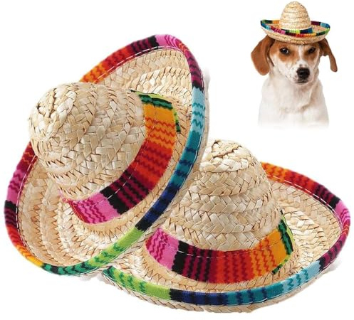 PIDUDU 2 x Haustier-Strohhut, mexikanische Sombrero-Mütze, Hunde-Sonnenhut mit verstellbarem Kinnriemen, niedliches Kostüm für kleine Hunde und Katzen