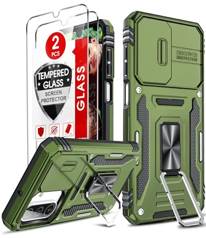 LeYi for Samsung Galaxy A26 5G Phone Case, with Camera Lens Cover Slider, 2 Pack Screen Protectors, Ring Stand Holder Military Grade Protective Shockproof Armour Cover for Samsung A 26 5G, Green