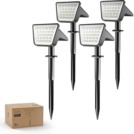 Philips Lot de 4 Projecteurs Spots Lampes Solaires d'Extérieur Étanches, 28 LED 7500K, Éclairage Paysager pour Jardin, Allée et Pelouse, Fonction Crépuscule à l'Aube