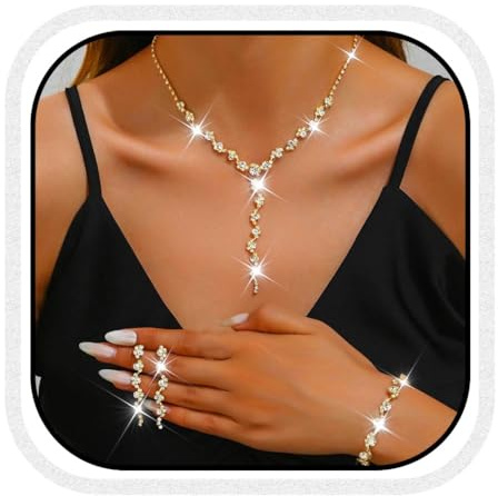 Unicra Gold Hochzeit Schmucksets Strass Braut Halskette und Ohrringe Armband Set Formal Prom Modeschmuck Set für Frauen und Bräute (Gold, One Size)