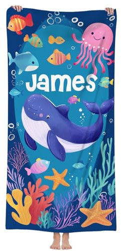 Dihope Personalised Kids Beach Towel - Custom Name, Quick Dry Microfibre, Cute Whale Pattern, 60x120cm