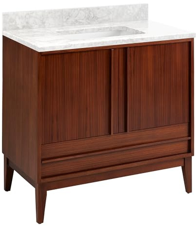 Signature Hardware 955207-36-RUMB Sybill 36 Freestanding Mahogany Single Basin Vanity Set with Cabinet, Vanity Top, and Rectangular Porcelain Sink - No Faucet Holes - Washed Walnut/Carrara