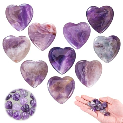 YUFFQOPC 10 Stück Amethyst Stein Herz - Natürlicher Herzsteine Glückssteine | Amethyst Kristalle Heilsteine Herzsteine Liebe Heilung Poliert Kristall Edelsteine für Valentinstag,Geburtstage