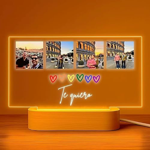 Cristal Plaque Lámpara LGBT Personalizada con 4 Fotos y Texto | Lámpara Pride en Metacrilato con Base de Madera | Regalo Original para Parejas y Aniversario