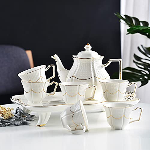 HCZKIUJY Service à thé en Porcelaine Blanche Britannique 8 pièces, Service à thé en céramique pour Adultes, 1 théière, Lot de 6 Tasses à café avec Plateau