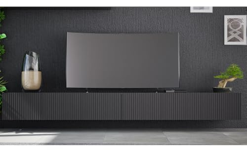 Lomadox Wohnzimmer Lowboard in schwarz matt mit Rillenfront 300 cm breit mit 6 Softclose-Türen wandhängend oder mit Füßen montierbar