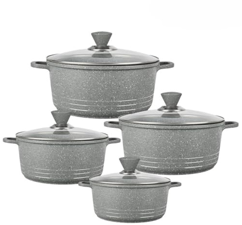 Die Cast Stockpot Set 4 Piece Non Stick Cooking Pot Casserole Set Aluminium Induction Stock Pot with Lids Tempered Glass 20cm 24cm 28cm 32cm Induction (Gray)