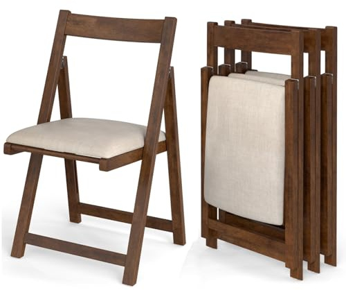 COSTWAY 2/4 Pack Folding Chairs, Fabric Padded Dining Chairs with Curved Backrest and Foot Pads, Rubber Wood Frame Upholstered Side Kitchen Chair for Home Office Wedding Event (4, Beige+Walnut)