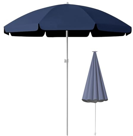 Tragbarer Strandschirm, UV50+, 2,6 m, rund, Marktschirm für Pool, Garten und Terrasse, manuelles Öffnen und Schließen, wasserabweisend, leicht, blau
