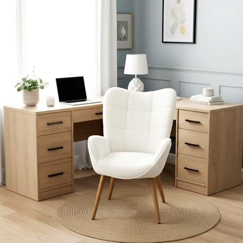 Meuble Cosy Fauteuil de Bureau Scandinave Chaise Ergonomique avec Accoudoirs, Siège de Travail Confortable en Boulette Rembourré, Blanc