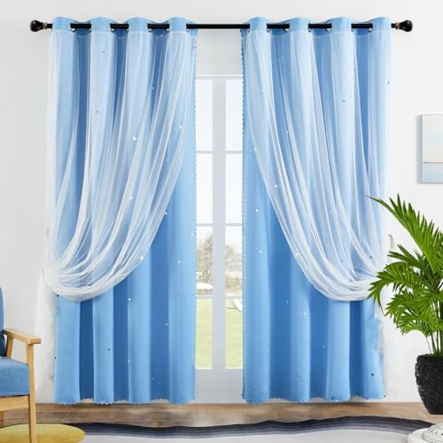 GAIFNAG Kurze Gardinen Kinderzimmer Ösenschal 140 x 70 cm Blickdichter Vorhang Thermo Kälteschutz & Wärmeisolierend Kindervorhänge Kinder-Verdunkelungsvorhänge für Wohnzimmer, Blau
