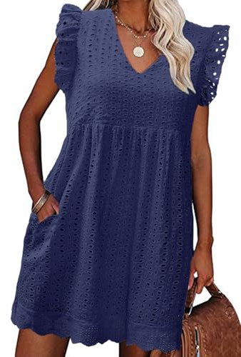 heekpek Abito Estivo Donna Cotone Scollo a V Vestito Corto Donna Senza Maniche con Volant Comodo e Leggero Abiti Jacquard Casual Abito Mare da Spiaggia con Tasche, Blu Navy, L