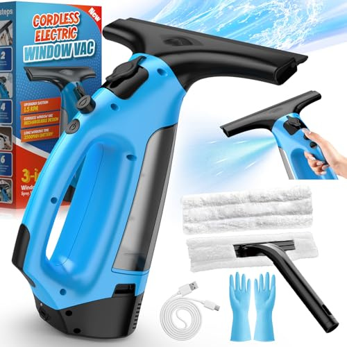 3 in 1 Rechargeable Window Vacuum Squeegee Cordless with 10 Inch Blade, Window Cleaner & Window Cleaning Tool for Spraying, Wiping and Vacuuming Glass, Mirrors, Shower Doors, Tiles and Countertops