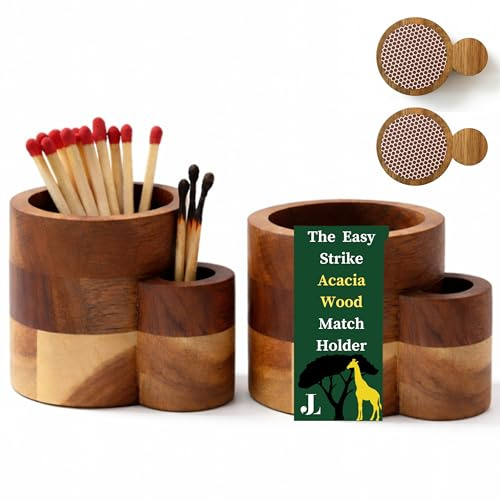 The Easy Strike Acacia Wood Match Holder with Striker & Extra Striker Pad - 3.25 x 2 Decorative Matchstick Organizer for Fireplace, Candles, Home Decor Gift, Matches Not Included (2 Pcs)