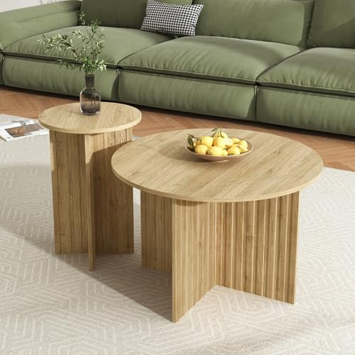 CelticHearth Juego de 2 mesas de centro redondas, imitación de madera, diseño escandinavo, tablero de partículas, 76 x 76 x 50 cm y 40 x 40 x 56,5 cm